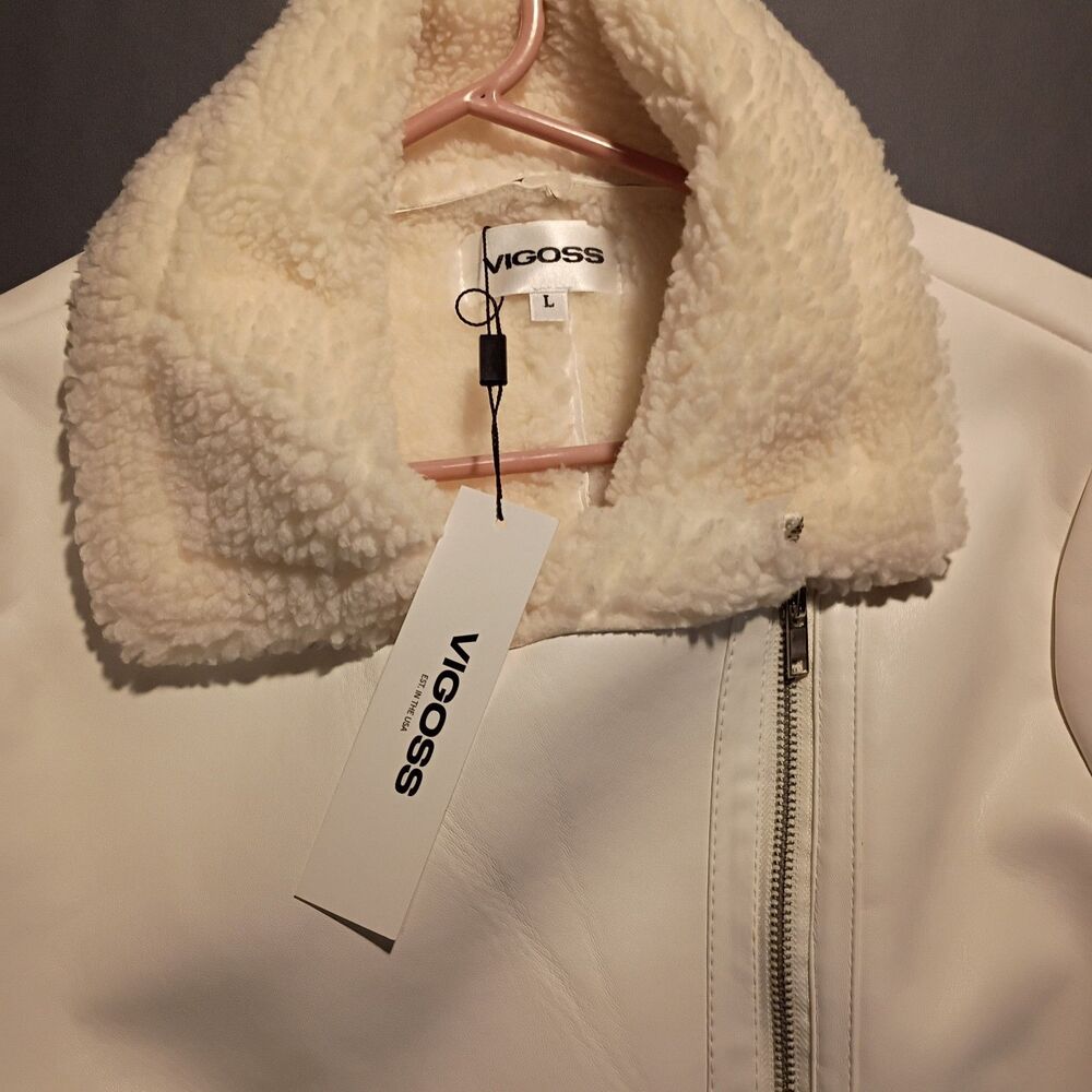 Vigoss Women's White Faux Leather Moto Full Zip Lined Jacket Zipper Pockets L - Picture 2 of 6